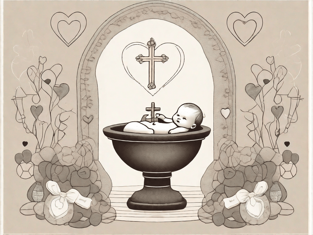 A vintage baptismal font adorned with soft baby items like a blanket and a pacifier