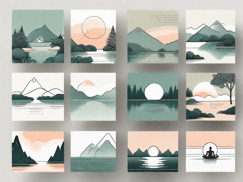 Eight different serene and tranquil scenes such as a calm beach