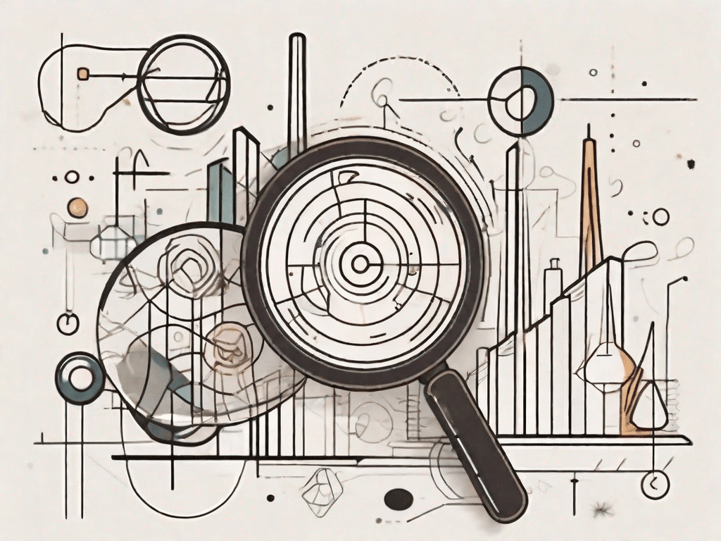 A magnifying glass hovering over various symbols and abstract shapes