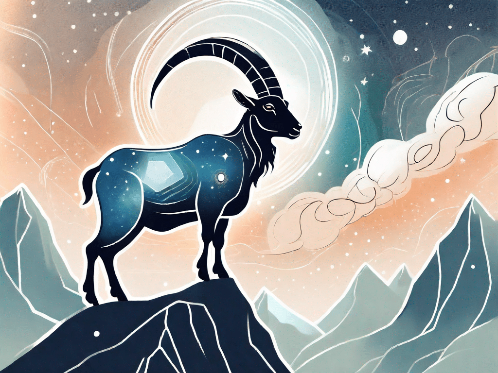 A symbolic capricorn goat standing atop a mountain peak
