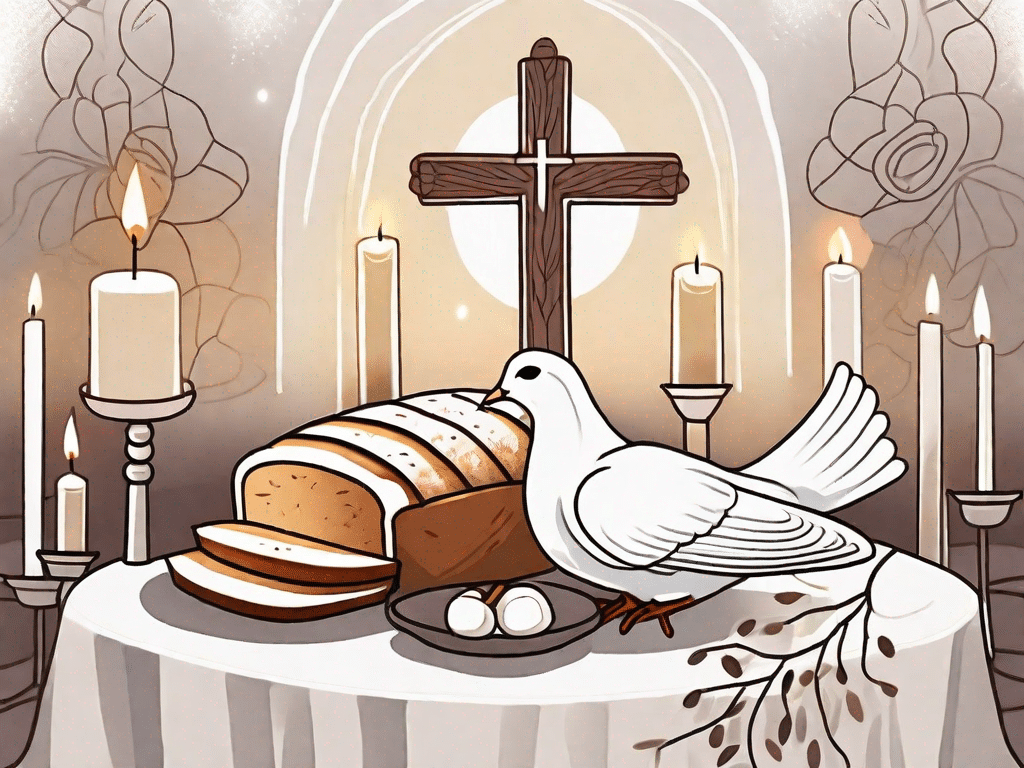 A beautifully decorated communion table with symbolic elements like bread
