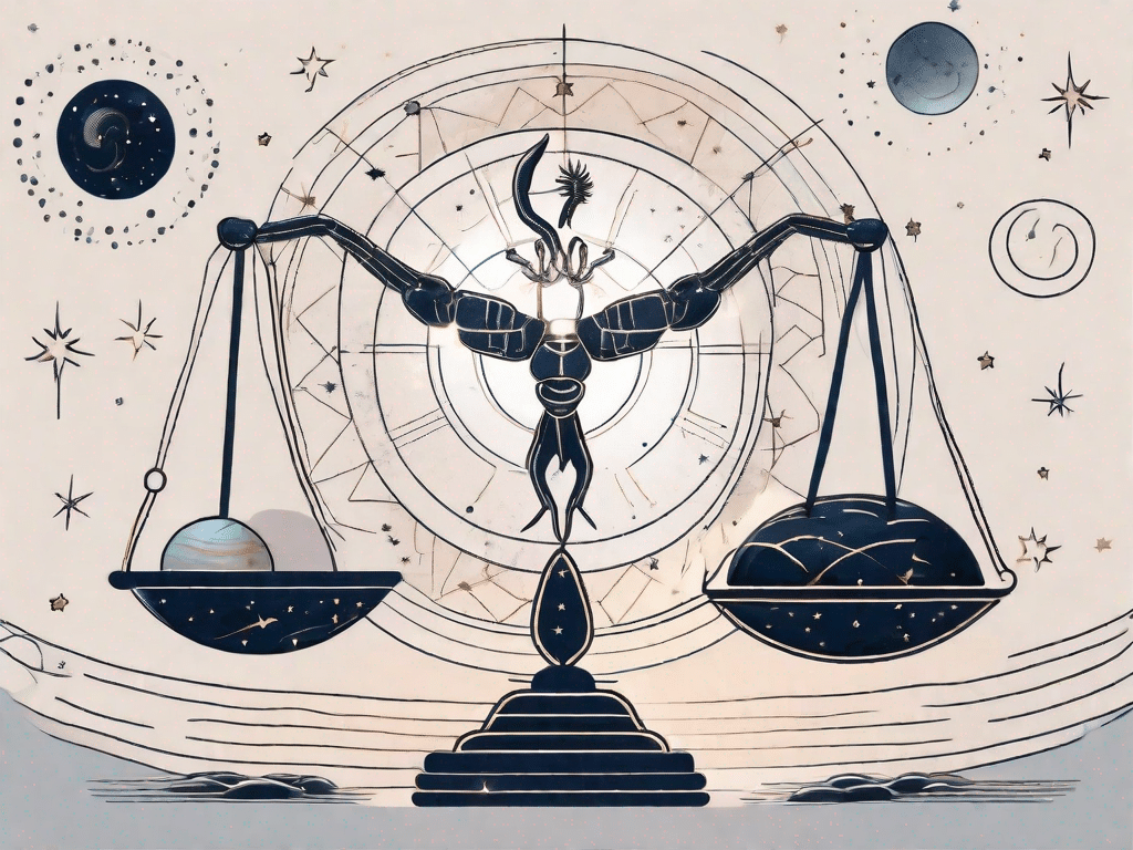 A celestial scene where a scorpion and a balance scale are intertwined