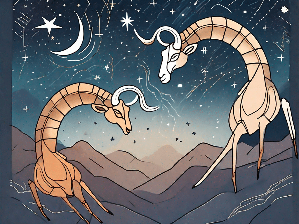 A ram (representing the aries sign) and a scorpion (representing the scorpio sign) under a starry sky