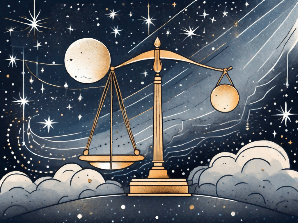 A balanced scale (symbolizing libra) ascending against a backdrop of a starry night sky