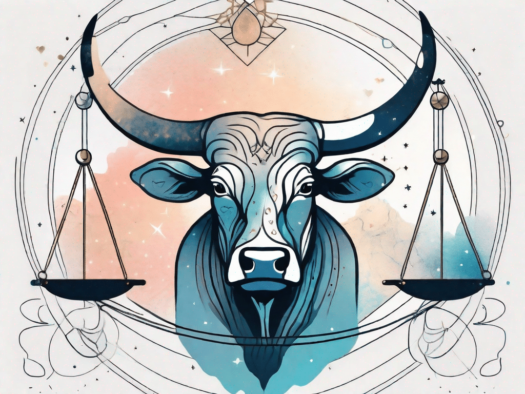A celestial scene where a bull (representing taurus) and a balance scale (representing libra) are intertwined