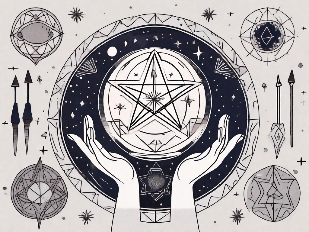 A mystical crystal ball surrounded by various palmistry symbols and tools like a star