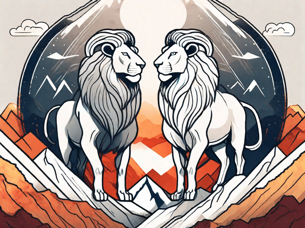 A fiery ram (representing aries) and a majestic lion (representing leo) standing together on a mountain peak