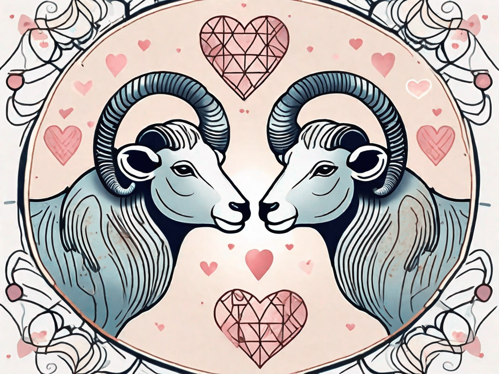 The zodiac signs aries (widder) and libra (waage) represented by their respective symbols (a ram and scales) surrounded by hearts