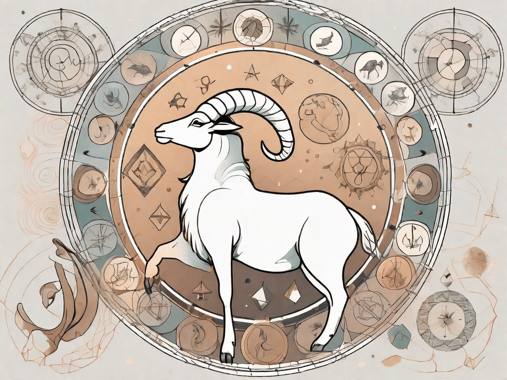 The capricorn zodiac sign symbol (a sea-goat) surrounded by symbols of other zodiac signs