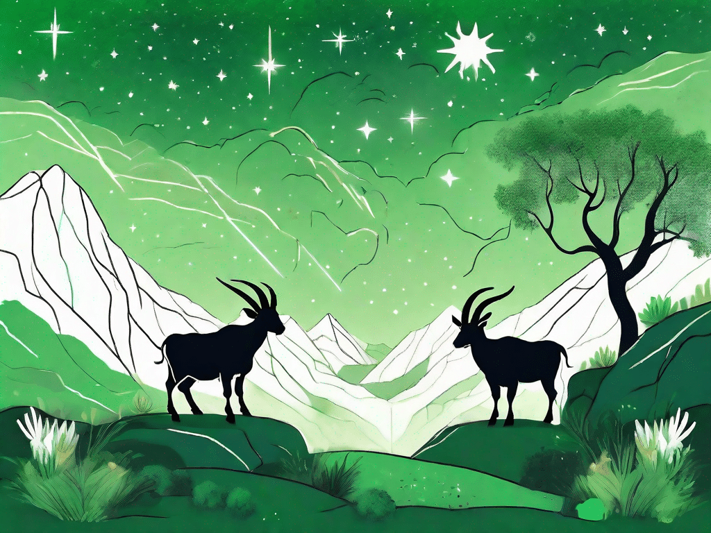 A taurus bull and a capricorn goat standing on a lush green landscape with earth elements like rocks and plants