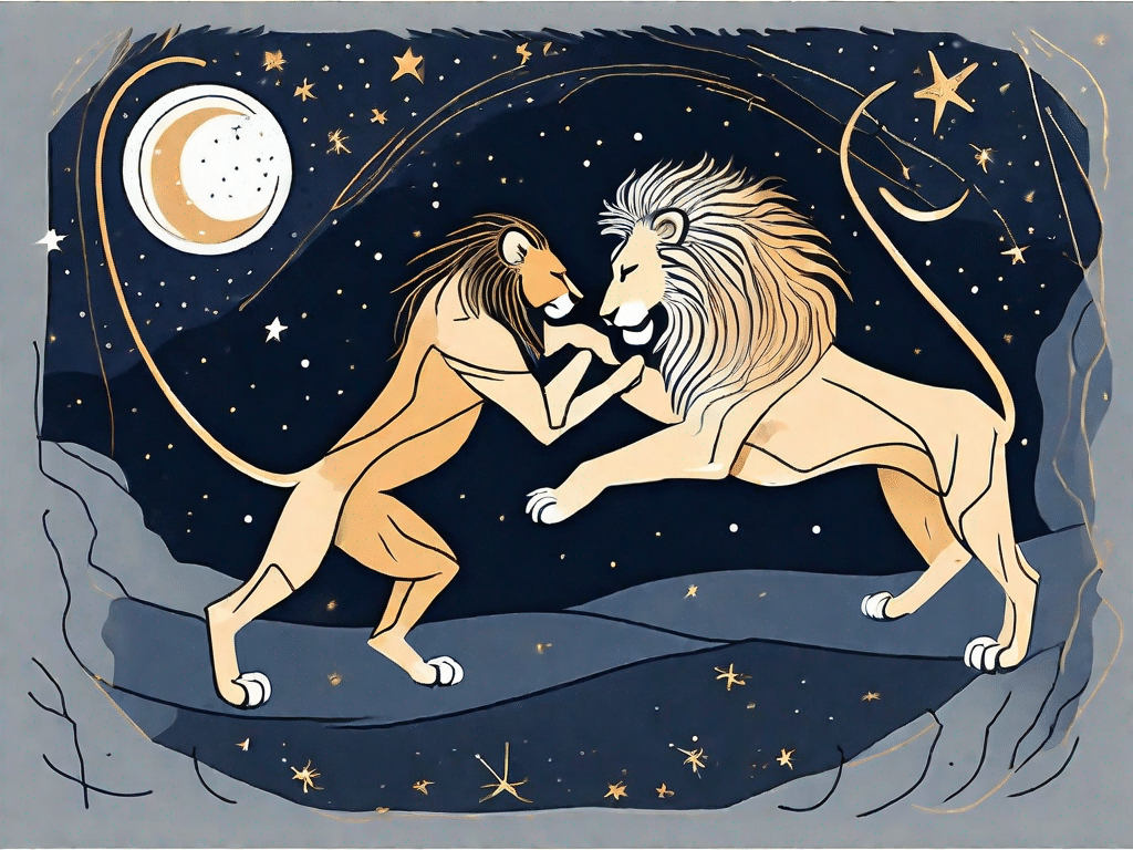 A lion and a scorpion entwined in a passionate dance under a starry sky