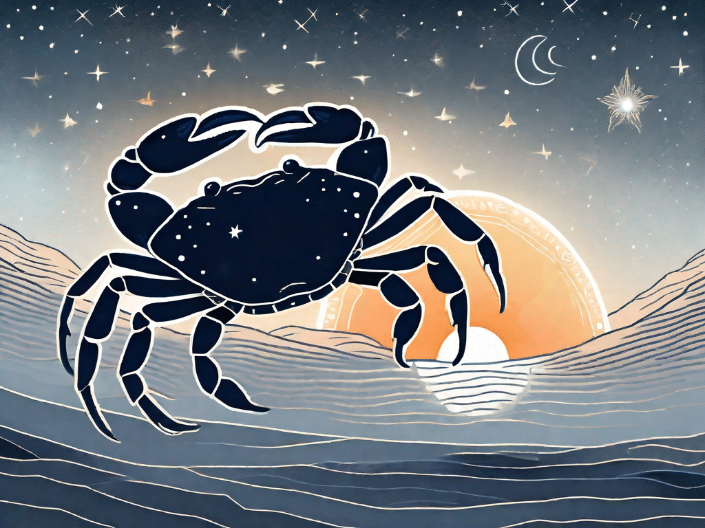 The astrological cancer sign (a crab) subtly intertwined with a rising sun