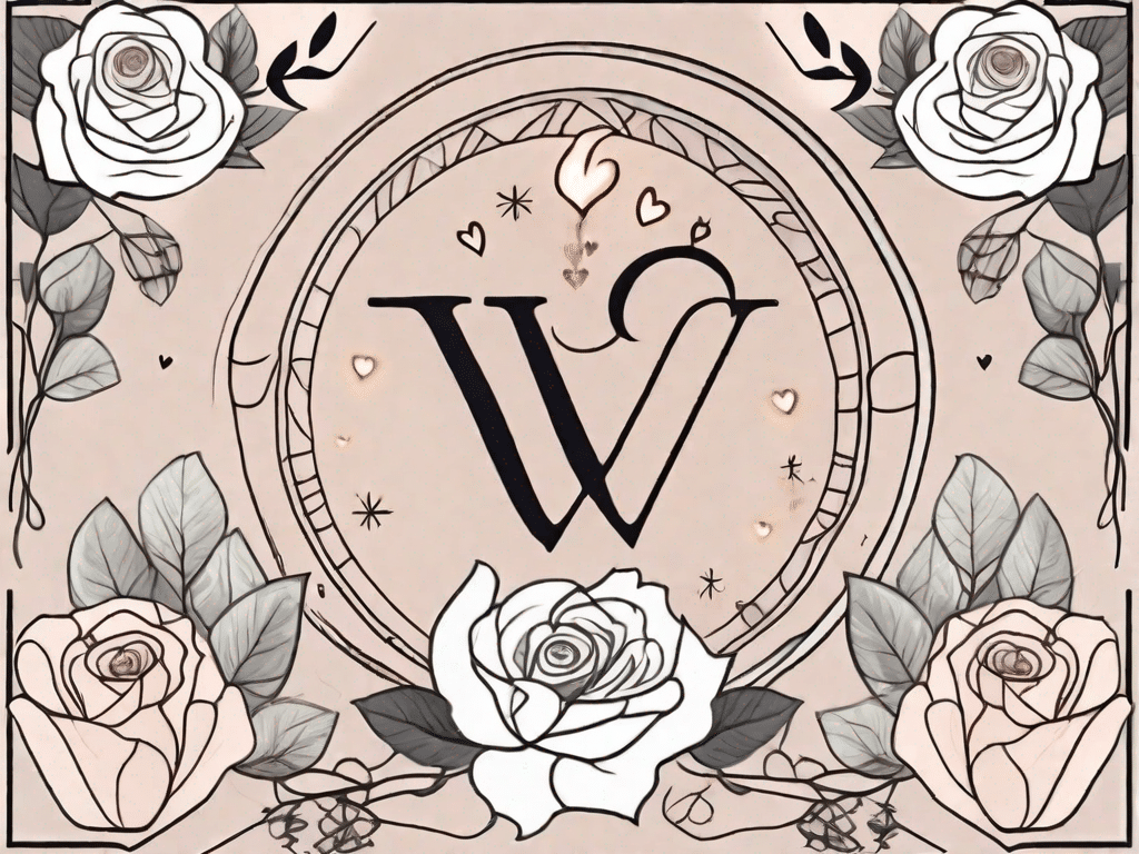 The astrological symbol for virgo surrounded by various romantic symbols like hearts
