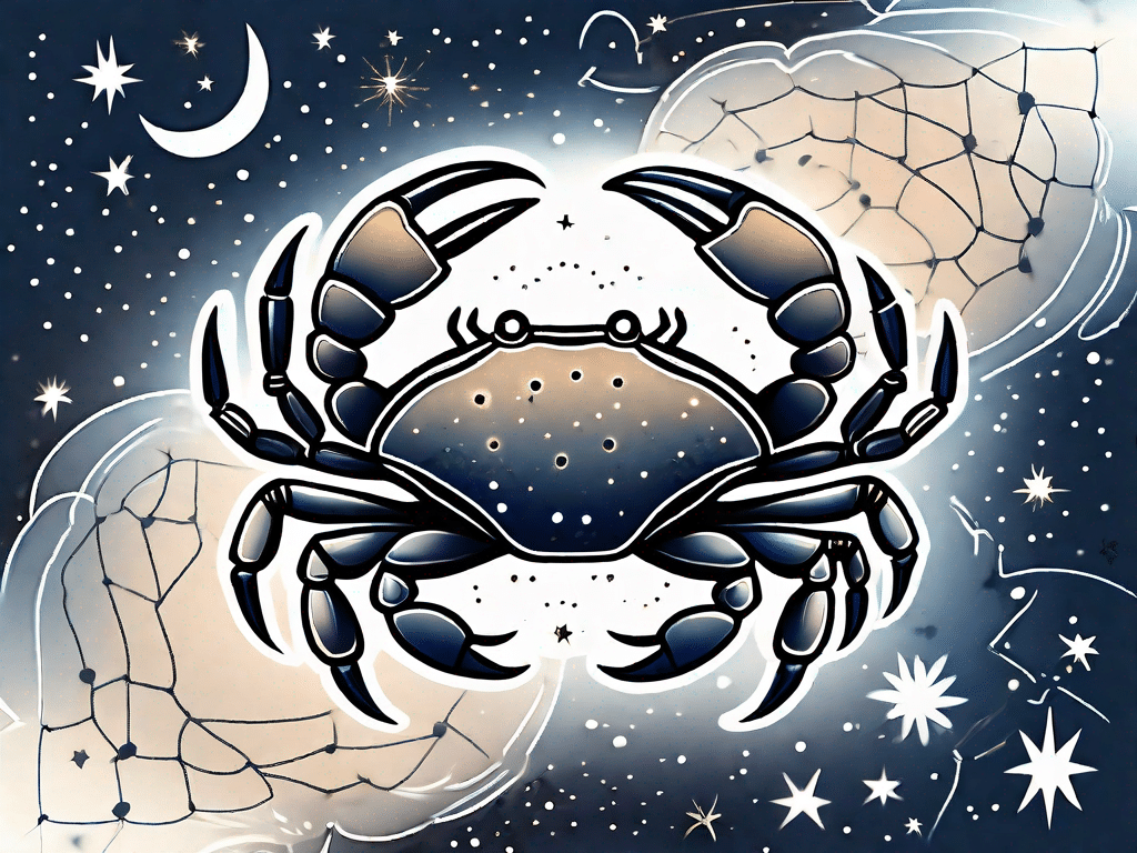 A stylized crab (symbol of cancer zodiac sign) against a starry night sky background