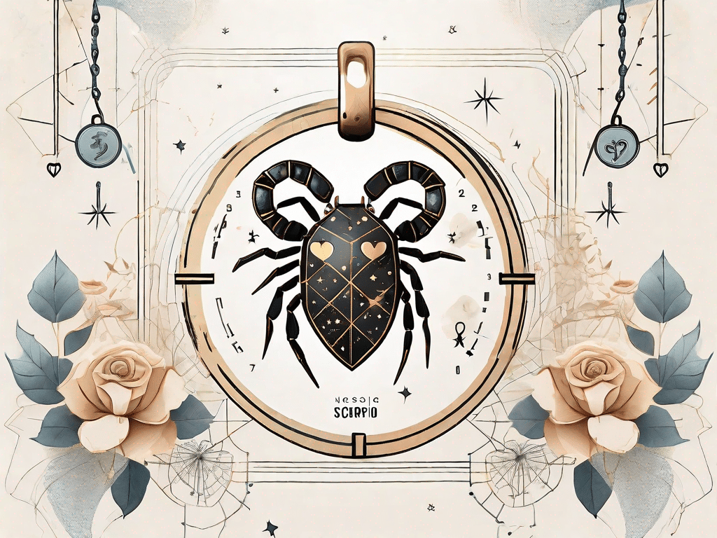 A scorpio zodiac symbol intertwined with a heart-shaped padlock