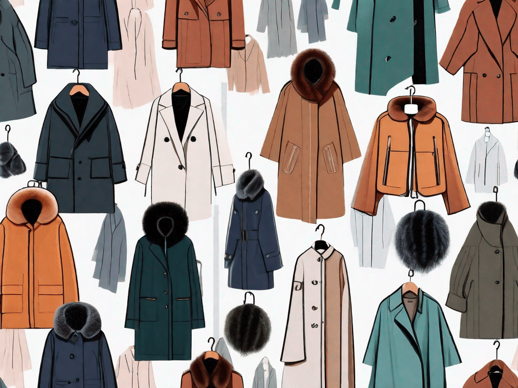 Several trendy winter coats on hangers