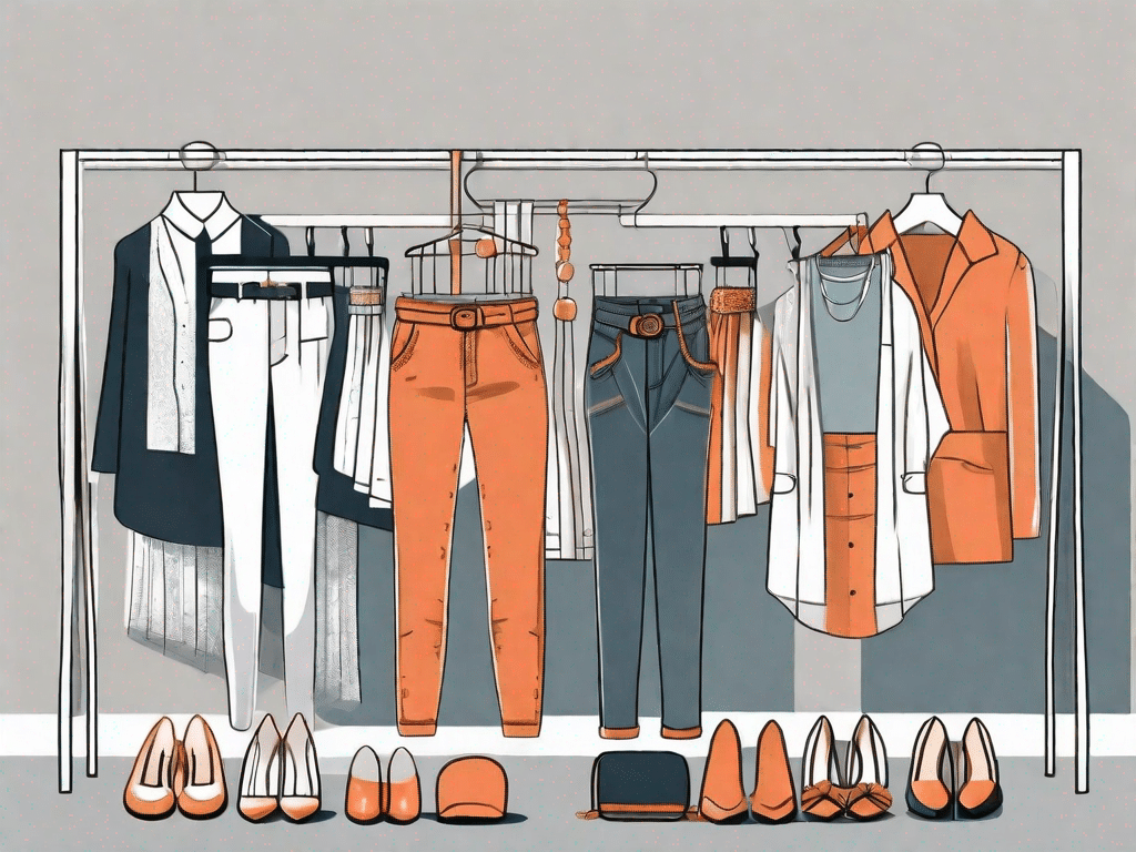 Different styles of carrot pants hanging on a clothing rack