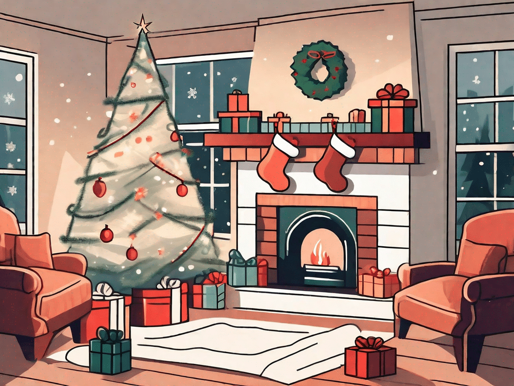 A festive scene featuring a cozy fireplace with stockings hanging