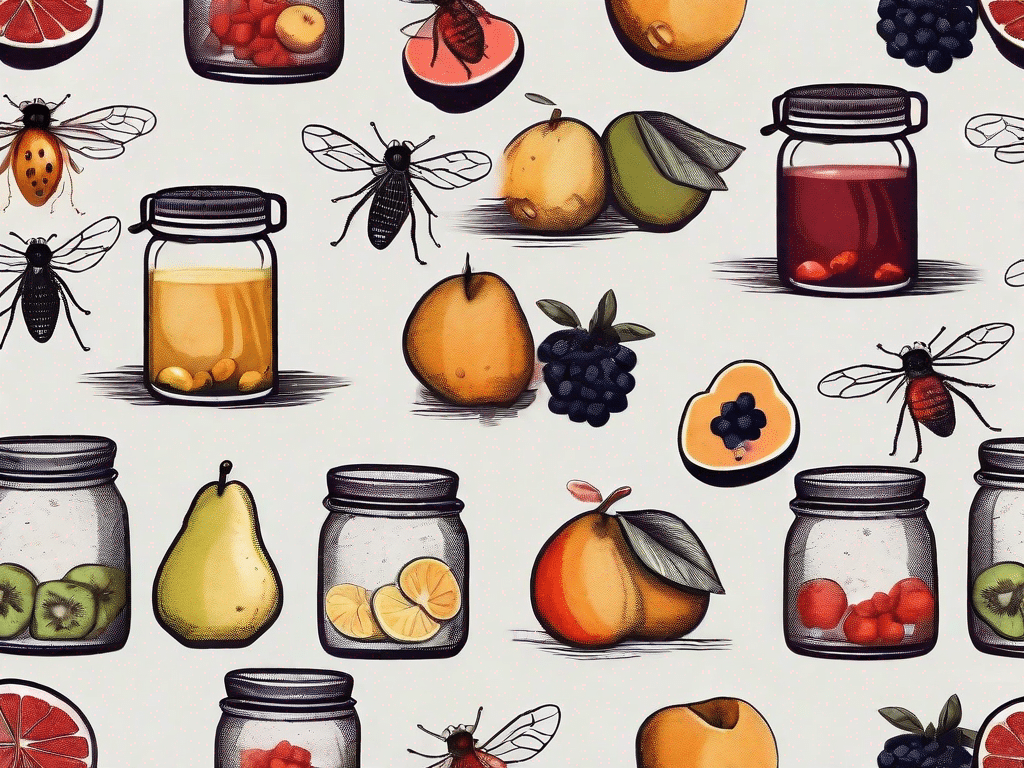 Various fruits in a kitchen setting with small fruit flies around them