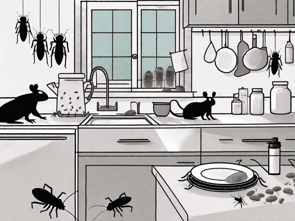 A kitchen scene showing various common pests like cockroaches