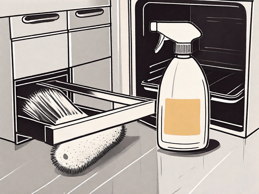 A clean oven door with various cleaning tools such as a spray bottle