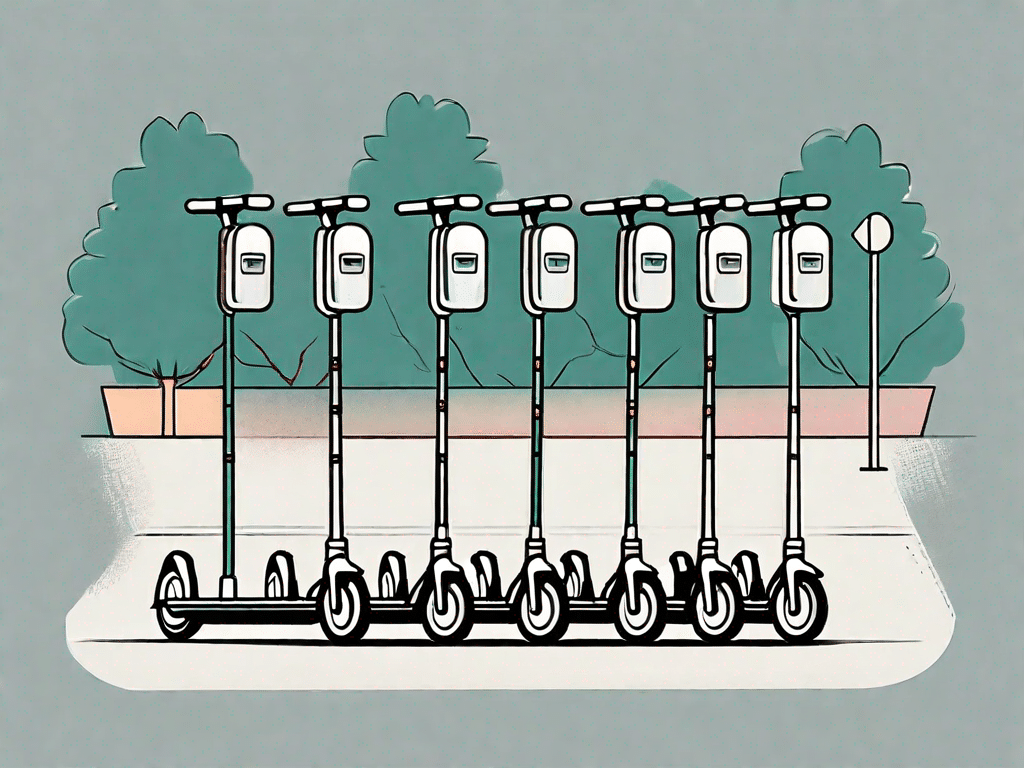 A few e-scooters parked in a row
