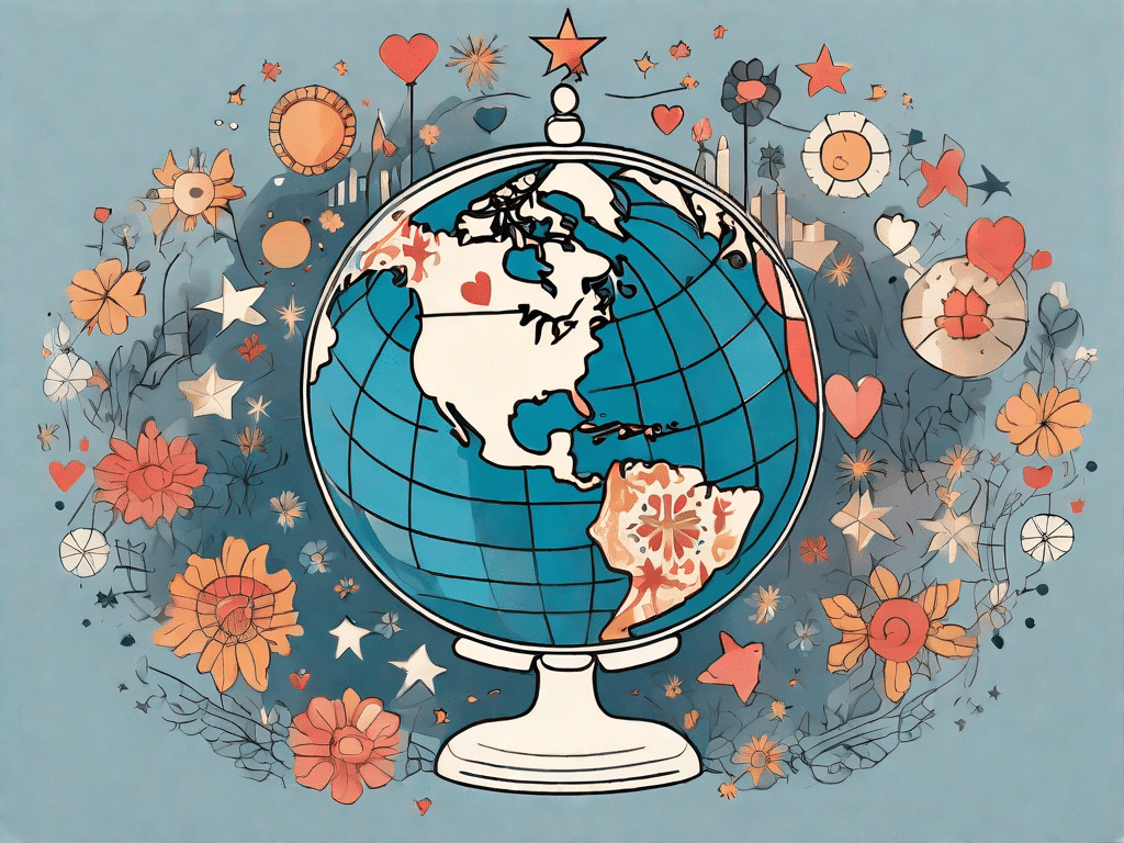 A globe adorned with various cultural symbols and items such as flowers