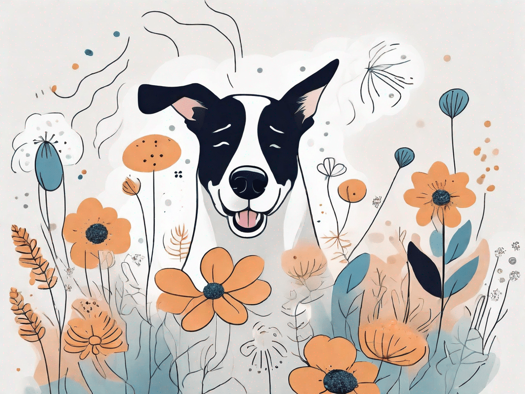 A dog in a playful environment surrounded by common allergens like flowers
