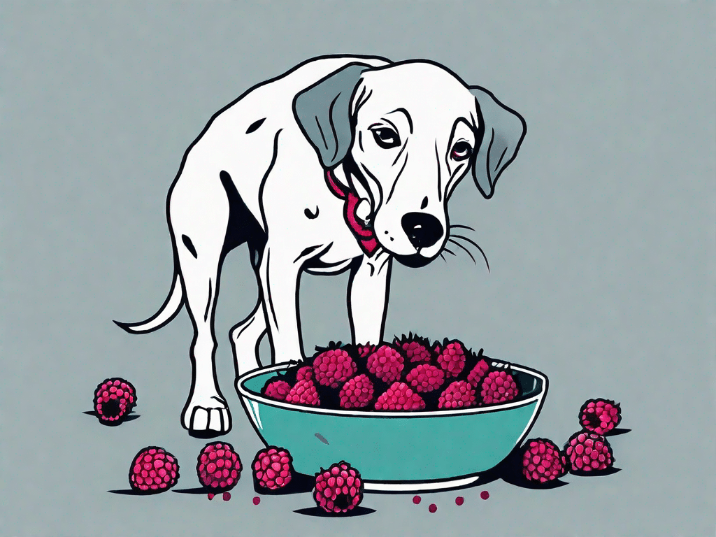 A curious dog examining a bowl full of ripe raspberries