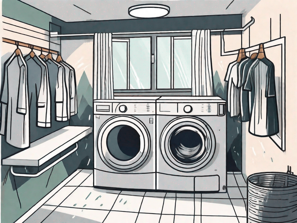 An indoor laundry room with clothes hanging up to dry