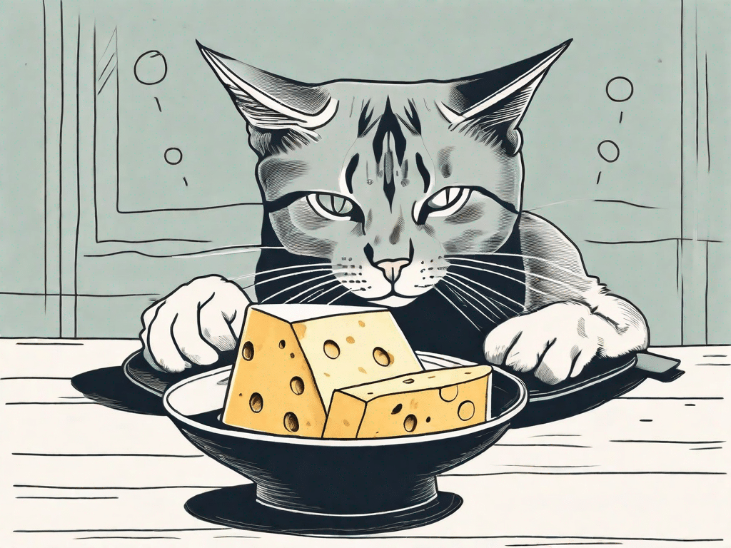 A curious cat sniffing at a piece of cheese on a table