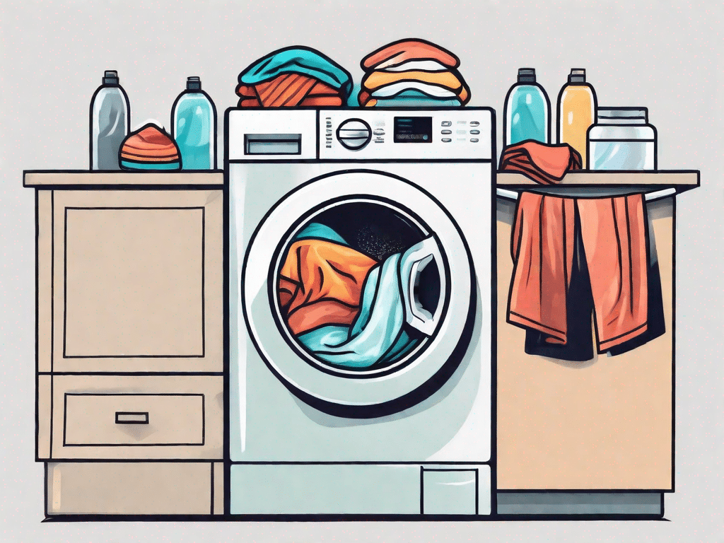 A washing machine filled with a mix of colorful cleaning cloths and regular laundry
