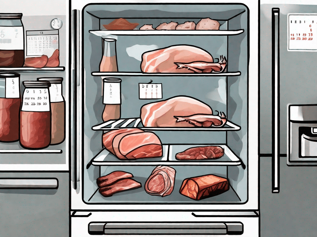 A refrigerator with different meats inside