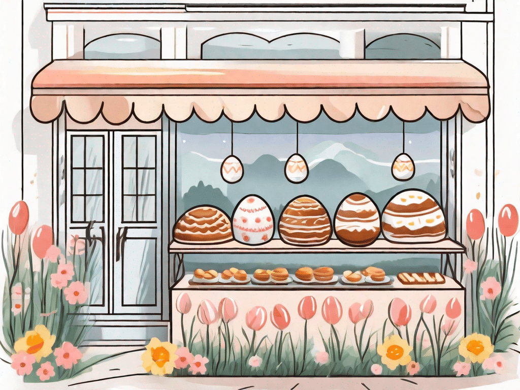 A traditional german bakery with easter-themed decorations like painted eggs and spring flowers