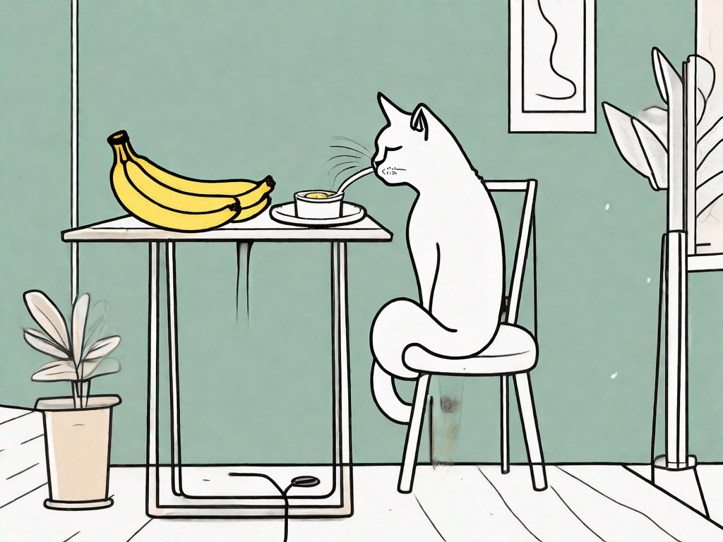 A curious cat sniffing a peeled banana placed on a small table