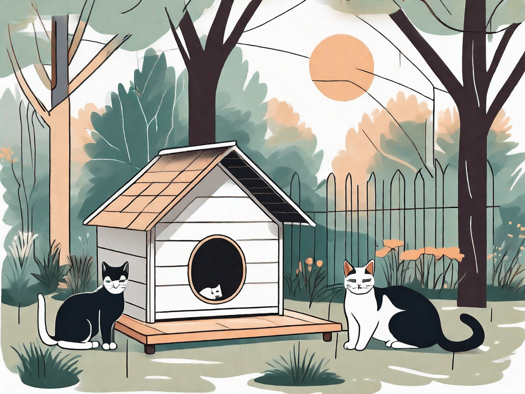 A well-prepared outdoor cat house with various amenities like a feeding station
