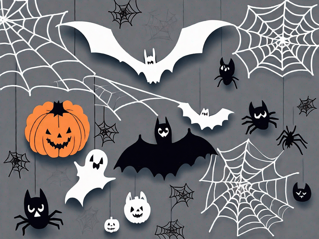 Various halloween-themed crafts such as a paper bat