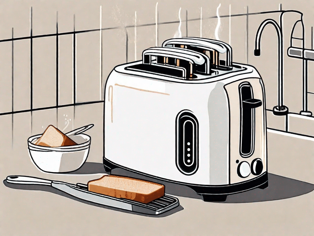 A toaster with cleaning tools such as a brush