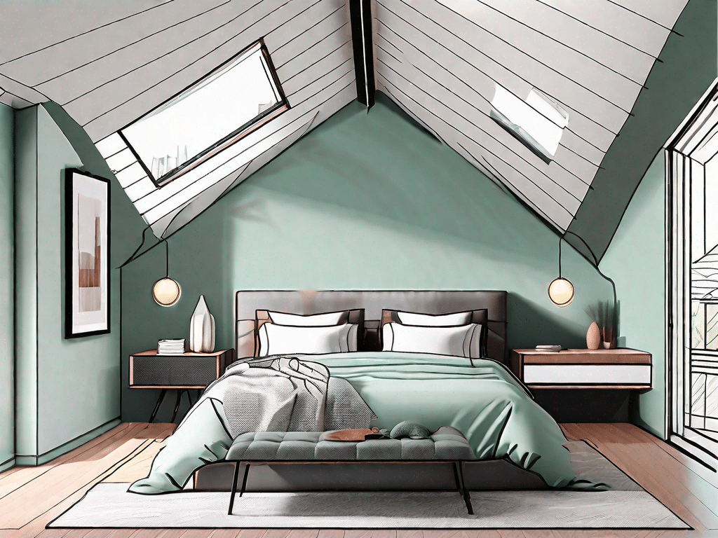 A stylishly designed bedroom with sloping ceilings