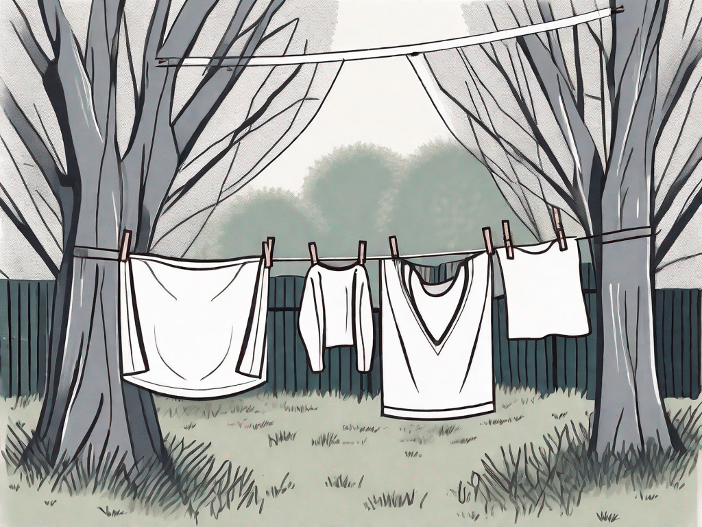 A clothesline stretched between two trees in a back garden