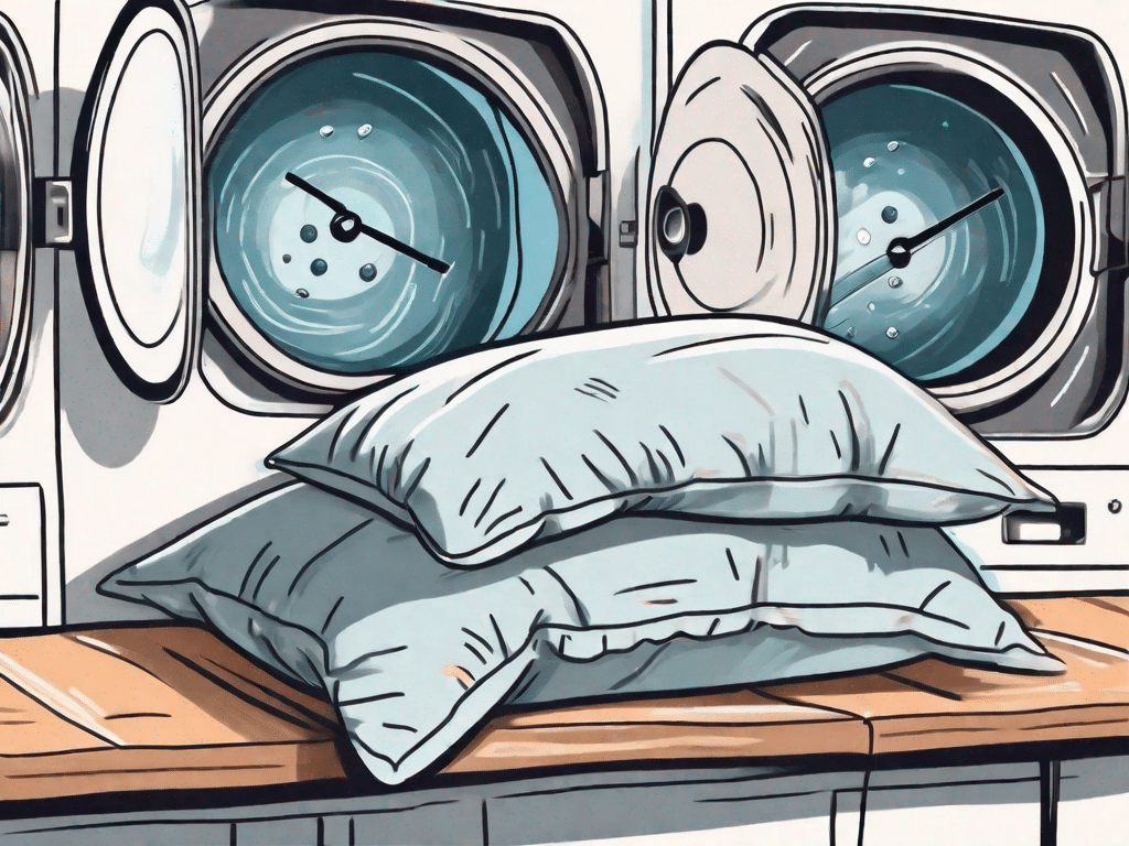 Several pillows in a washing machine with a thermometer indicating the temperature