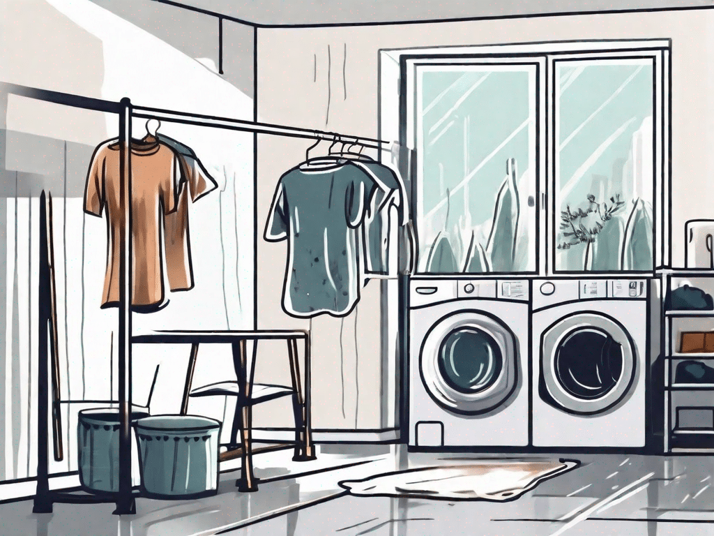 A laundry room with clothes hanging on a drying rack
