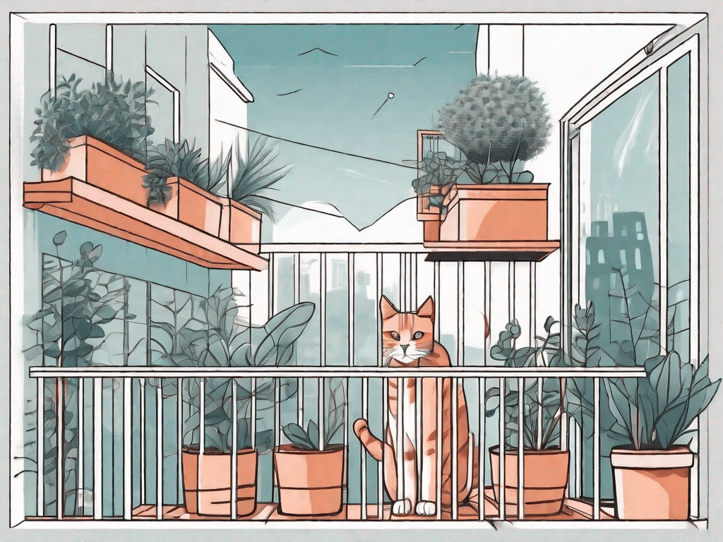 A secure balcony with various cat-proof features such as a high fence