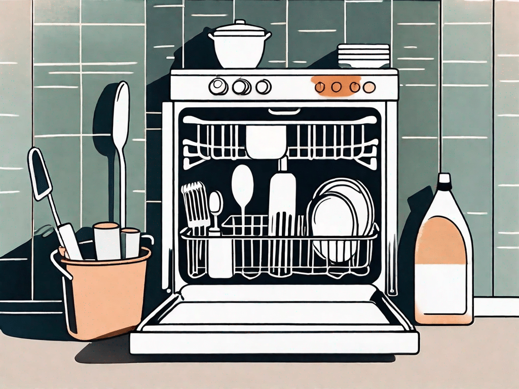 A dishwasher open with a variety of household items such as vinegar