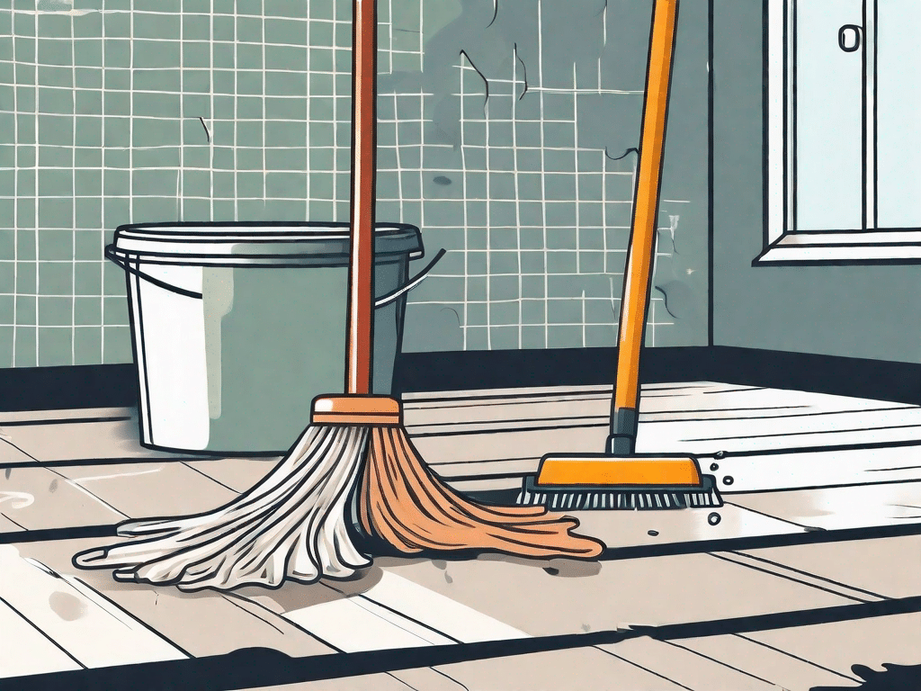 Various cleaning tools like a mop
