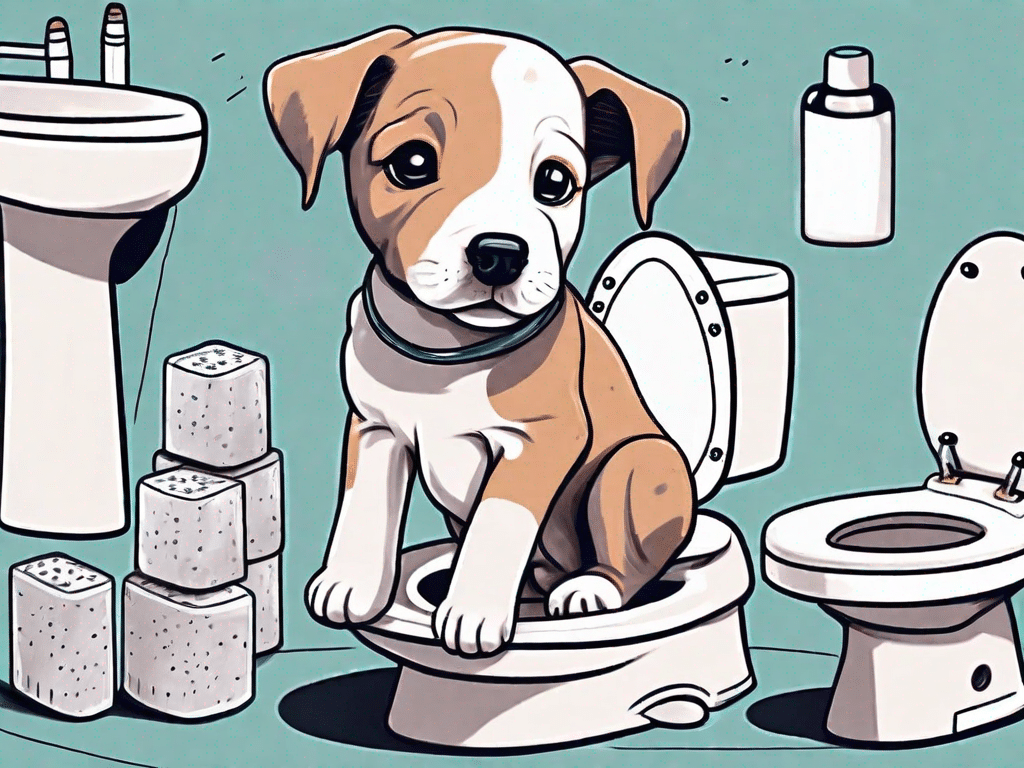 A cute puppy sitting on a mini toilet with training pads