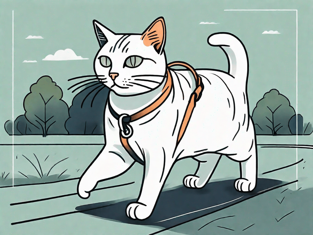 A cat confidently walking on a leash outdoors