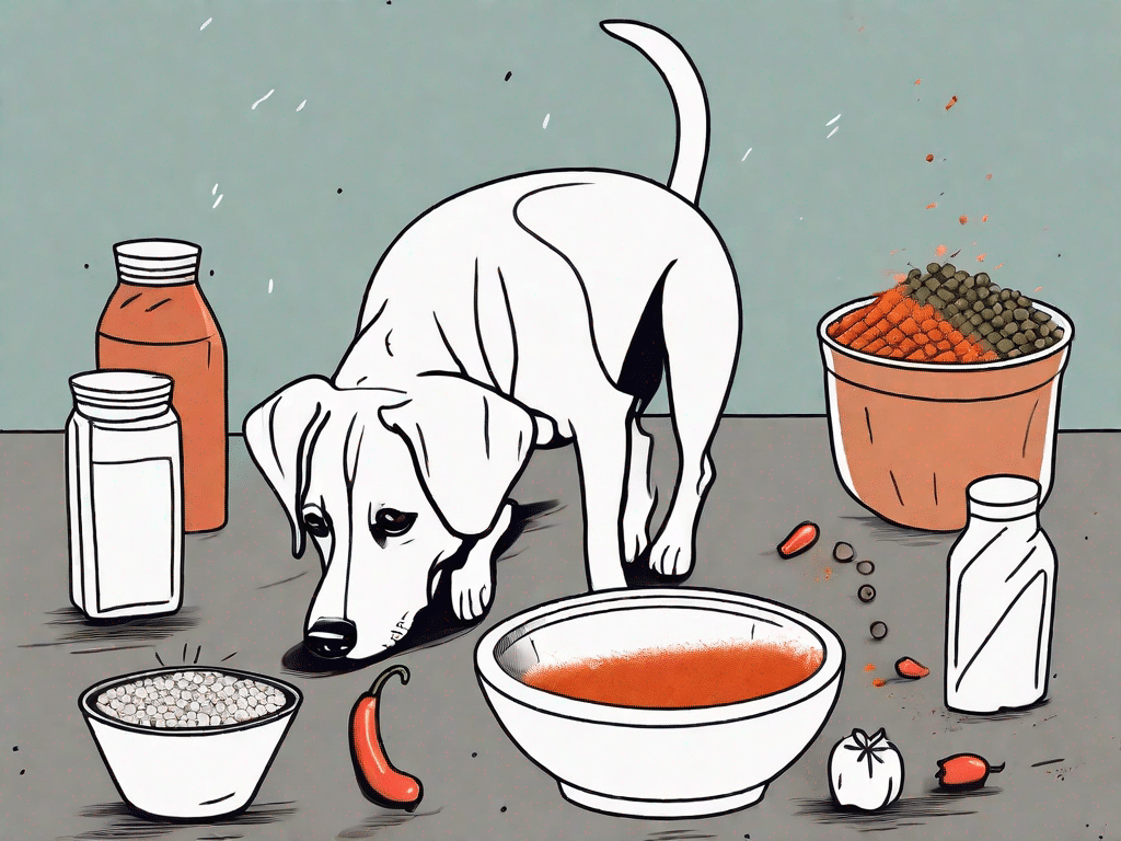 A curious dog looking at a bowl of paprika with various safe and unsafe foods for dogs scattered around