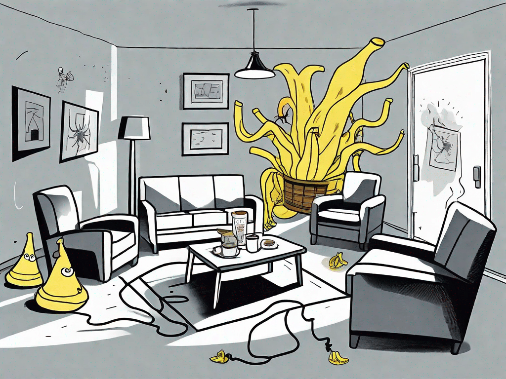 A chaotic living room scene with various prank objects like a whoopee cushion on a chair