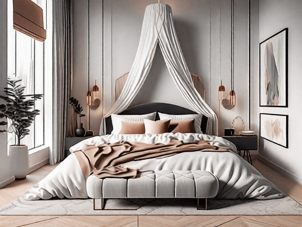 A beautifully decorated bedroom featuring an elegant bed with stylish bedding